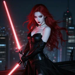 beautiful elegant female sith wearing black with dark red highlights, smooth porcelain white skin, long flowing red hair, holding red lightsaber, overlooking city from tall building, ultra detailed, octane render, hypermaximalist, ray traced lighting, batwoman elegy by jh williams iii, shadowy, moody, gothic, horror, nighttime