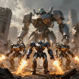 squad of giant robots ready to fire in environment of a ruined city, jakub rozalski art style