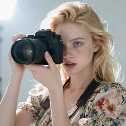 pale young woman with bright blonde hair, freckles, blue eyes and a wide face, flowery dress, using a professional slr camera close to her face, dramatic lighting, bright flare, surreal art by anna nikonova