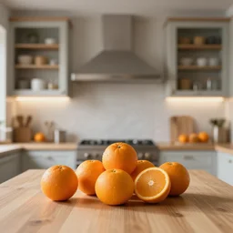 fresh oranges in modern kitchen, sharp focus, ffxiv, neo classic, bloom, movie still, sony, symmetrical, depth of field, architect, better homes, lens flare, studio light, octane render, home decor, unreal engine, traditional, vsco, bokeh, 8 k