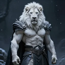 anthropomorphic male muscular albino white lion, wearing beautiful game of thrones outfit, darkness aura, fantasy, mysterious low key lighting, winter blizzard atmosphere, high contrast portrait, character design by charlie bowater, ross tran, artgerm, and makoto shinkai, detailed, inked, western comic book art, 2 0 2 1 award winning film poster paintingy