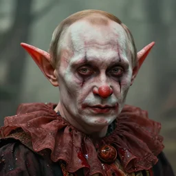photorealistic portrait photograph of vladimir putin as a pathetic goblinoid demon clown, kobold, upper body, fantasy, bloody, depth of field, soft focus, highly detailed, intricate, realistic, national geographic cover, soft glow, textured, artstation, sharp focus, illustration, art by artgerm and greg rutkowski and alphonse mucha