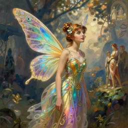 a beautiful dressed faerie, detailed, rainbowshift, by maxfield parrish, alphonse mucha, brian froud