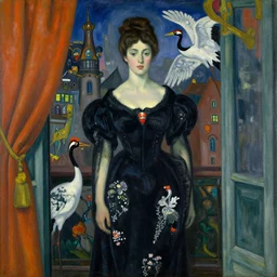 portrait of woman in night cat gown croton and crane with steampunk metropolis seen from a window frame with curtains. agnes pelton, caravaggio, bonnard, henri de toulouse - lautrec, utamaro, matisse, monet
