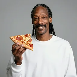 Snoop Dogg holding a piece of pizza for a 1990s sitcom tv show, Studio Photograph, portrait, C 12.0