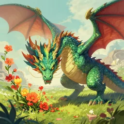 dragon eating flowers, fantasy art illustration, trending on artstation