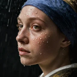 a woman's face in profile, made of raindrops, in the style of the dutch masters and gregory crewdson, dark and moody