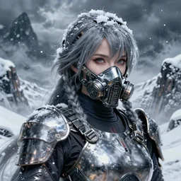 portrait of female ninja gaiden momiji, metalic frost cyber ninja respirator, stormy snowy fiji mountain, incredibly beautiful, armored, highly detailed, digital painting, final fantasy, sharp focus, behance contest winner, ultrafine illustrations by tian zi, james jean, ayanamikodon and irakli nadar