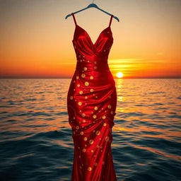 sexy red satin dress with elements of bronze, yellow and orange circles of beads. hyperrealistic image. clear. sunset background on the sea