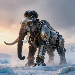 “photo of a complex futurist steampunk mechanical mammoth in an arctic storm, fog, snow storm, cold sunset, wind , ice, photoreal”