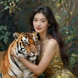 beautiful asian woman in her garden with her pet tiger, detailed oil painting