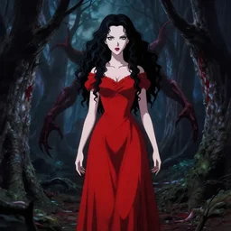 madhouse anime studio, full body, pretty alyson hannigan, evil dead demon, evil dead movie, red dress, symmetrical eyes, symmetrical face, long curly black hair, trees, forest, branches, cinematic lighting, evil dead creature, scary, blood
