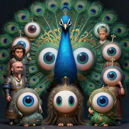 anthropomorphic highly detailed group portrait of funny neon giant cute eyes dmt - peacock god, intricate, elegant, highly detailed, digital painting, artstation, concept art, smooth, sharp focus, illustration, art by artgerm, bob eggleton, michael whelan, stephen hickman, richard corben, wayne barlowe, trending on artstation and greg rutkowski and alphonse mucha, 8 k