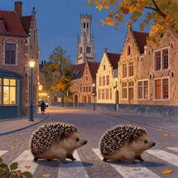 2 hedgehogs walking across the street in Bruges, Belgium,  in the style of Greg Rutkowski, autumn, evening, romantic