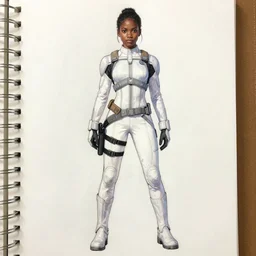 pose reference sheet for a young, dark - skinned warrior - princess in a white tactical suit, art by adam hughes