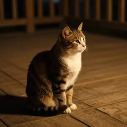 cat sitting on a wooden deck, staring into the distance, night, dramatic warm lighting