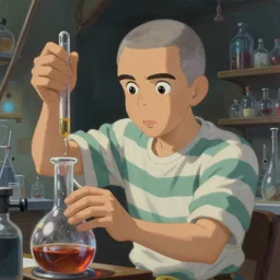 An epic fantasy comic book style portrait painting of a !young man in a laboratory, very expressive, buzz cut gray hair,  round face, wearing a shirt with horizontal stripes, handling laboratory equipment, character design by Mark Ryden and Pixar and Hayao Miyazaki, unreal 5, DAZ, hyperrealistic, octane render, cosplay, RPG portrait, dynamic lighting, intricate detail, summer vibrancy, cinematic