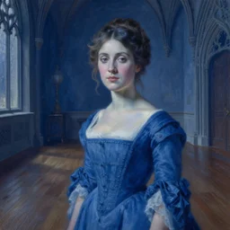 blue tones, face portrait of woman in dress, wooden floor, by alexander fedosav, elegant, detailed, digital artwork, paint, gothic mansion room, by jeremy mann