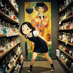 takashi murakami, lomography, anime, portrait of a young woman in a alchemist's potion shop interior shopping, cute face by alphose mucha and yoshinari yoh, dynamic pose and perspective, dramatic lighting, rounded curved facial features,