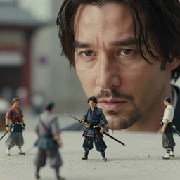 beautiful hyperrealism three point perspective film still of keanu reeves as samurai scene in kagemusha ( 1 9 6 0 ) extreme closeup portrait in style of 1 9 9 0 s frontiers in porcelain miniature street photography seinen manga fashion edition, miniature still life, focus on sword, eye contact, tilt shift style scene background, soft lighting, kodak portra 4 0 0, macro, cinematic style by emmanuel lubezki