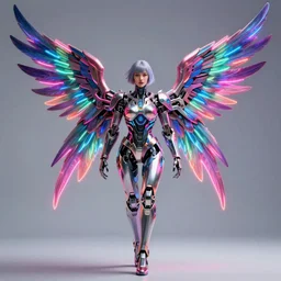 Cyborg Woman, full-body shot of a woman with large mechanical wings, neon art style, futuristic art style, photorealistic imagery, photorealistic photos, heavily detailed, 8k quality, by Leo Avero and Eva Balloon, award-winning art