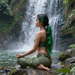 a long green ponytail girl meditating on a rock in front of a waterfall, beautiful face, pretty face, digital art, hyper detailed, serene, jungle aesthetic