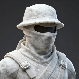 3 d octane rendering, marble statue of ninja wearing full face mask and hunter hat, vfx art, sharp, detailed, pinterest, unreal engine, behance, technological, octane render