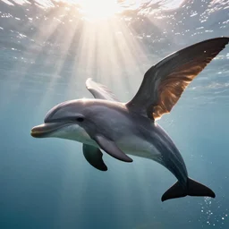 dolphin with wings, Ultra detailed, cinematic, cinematic lights, 8k, photorealistic, beautiful, epic photo, sunbeams, ar 16:9