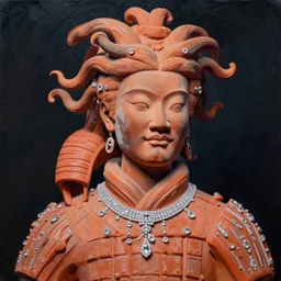 a beautiful painting lovely seductive terracotta warriors medusa robot, jewelry, diamond jewelry. by ukiyo - e award - winning art, andy warhol color, dramatic light, octane render