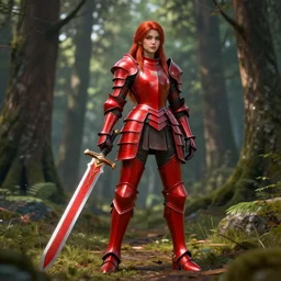 a girl with long red hair wearing a red plate armor and holding a big red toothed sword in a forest, 3d render, octane render, unreal engine 5, 8k hdr, hyperrealistic, highly detailed, high quality, concept art, trending on Artstation, full-body armor,