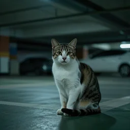 a cat waiting at an overhead carpark at night, cinematic lighting