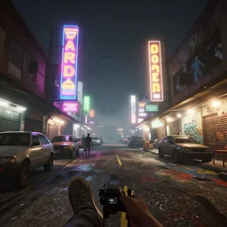 foggy environment night time scene in a urban market in guatemala with bright colorful neon advertising and graffiti all over the place with cyberpunk aesthetic and visually like gta v with game of the year edition graphics with bloom and lightshaft, with first person view