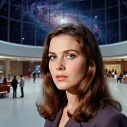 close face portrait of Mila Kunis waiting in an enormous space lobby with a window on a nebula, 1970, Ludek Pesek, Rick Guidice, Chesley Bonestell, Lucien Rudaux, Rolf Klep, Fred Freeman, George Pal