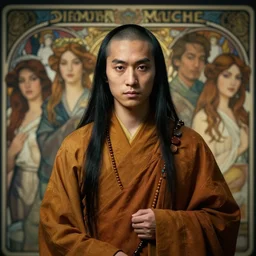 a stunning portrait of an asian monk with long black hair by artgerm, dynamic lighting, ray tracing, tom bagshaw, alphonse mucha, donata giancola, mary jane ansell, ankh necklace, atmosphere, realism, octane render, dof, hyperdetailed, 8 k