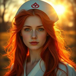 portrait of a nurse with long red hair green eyes, blazing sun, in midwest america by emile friant
