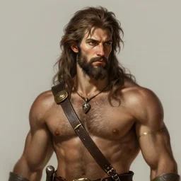 portrait of a rugged ranger, muscular, upper body, hairy torso, d & d, fantasy, intricate, elegant, highly detailed, digital painting, artstation, concept art, smooth, sharp focus, illustration, art by artgerm and greg rutkowski and alphonse mucha