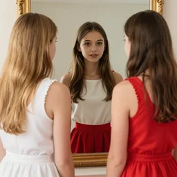 3 sisters look into the mirror, one blonde and one brunette, white and red dresses, Chuck close
