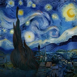 landscape, mountain range in foreground, sky, style of Van Gogh starry night, atmospheric, cinematic, digital art, small man in center standing on mountain, mist in valleys