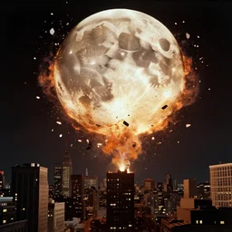 vintage film still of the moon exploding shattering fragments in the sky around the exploding moon over new york city in the 1 9 2 0 s from the old sci - fi movie