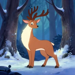 magical, supernatural fae animal spirit in the winter woods. limited palette, 2 d animation from the 2 0 1 0 s, backlighting, bold composition, depth of field.