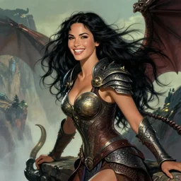 closeup portrait of happy beautiful megan fox xena dragon queen leaning against dragons, long black windblown hair and dragonskin armor, standing on a ledge of a mountain, glamour pose, detailed illustration, digital art, trending on artstation, soft ambient lighting, volumetric lighting, rim lighting, yoshitaka amano, alphonse mucha, arney freytag, maxfield parrish, wlop, new art nouveau