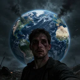 last selfie on earth, dark colors horror style, the earth can be seen after apocalyptic war, trending on artstation