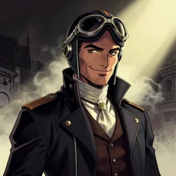 “A cybernoir dieselpunk pilot, 1830s style, portrait, A sense of confidence, a wry smile, volumetric light, lightrays, smoke, cinematic, atmospheric, octane render, Marvel Comics, Booru, flat shading, insanely detailed and intricate, hypermaximalist, elegant, character, poster style, by paul pope, travis charest, gustave dore, pen & ink , super detailed”