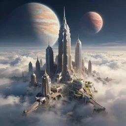 A professional digital painting of monumental futuristic city among clouds on gas giant planet, by Greg Rutkowski and James Gurney, trending on Artstation, futuristic, ultra detail, octane render