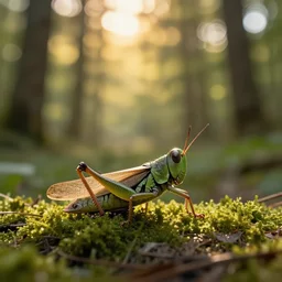 werecreature consisting of a grasshopper and a human, golden hour, photograph captured in a forest