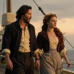 titanic bow scene, replace Jack and Rose with Keanu Reeves and Morgan Freeman, sunset