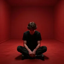 a schizophrenic guy with a stratification of consciousness suffers in despondency in the hyper expanse of the red room 8K resolution