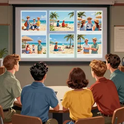 an iconic beautiful illustration by norman rockwell of a group of friends gathering around to watch a slideshow pictures from a recent vacation trip, trending on artstation, highly detailed