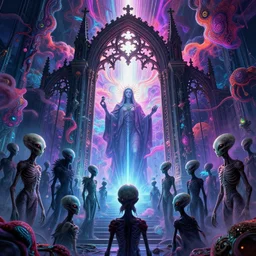 [ palate ] [ gothic neon colors ] alien soul spirits congregating in front of an intricate giant gothic gateway, god figure waiting behind the gate, vibrant neon nebulous clouds, paisley pattern synapse clouds, symmetrical details, hyper realistic illustration, radiant light rays, photorealistic illustration, intricate and fine details, volumetric lighting, artstation