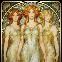 stunning exotic art nouveau portrait of the three fates as beautiful mythological heavy metal sisters of the night by chris achilleos, michael kaluta and alphonse mucha, photorealism, extremely hyperdetailed, perfect symmetrical facial features, perfect anatomy, ornate intricate declotage, spikes, confident expression, wry smile, eldritch powers, witchcraft